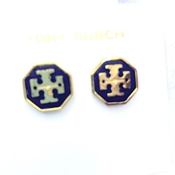 NWOT Tory Burch Black, Gold Logo Octagon Stud Earrings - Picture 1 of 4